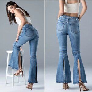 CEROS Mid Rise Super Flare JEANS Size 31 Blue Denim Back Slit NEW